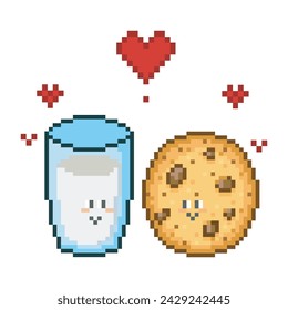 Milk and cookie characters in love, pixel art