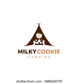 Milk and cookie, milky cookies camping club logo icon symbol vector with dark brown chocolate tent illustration