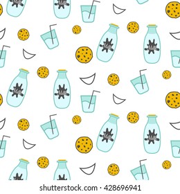 Milk and cookie seamless vector pattern. Dairy fun pattern with milk glass bottle, smiles and milk splash stains on white.