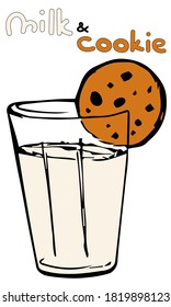 Dibujo de boceto de leche y galletas. Ilustración vectorial de la sabrosa combinación favorita de comida y bebida más letras aisladas en blanco