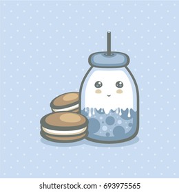 Milk and cookie vector illustration. Cute milk bottle. Yogurt milkshake. Natural product.