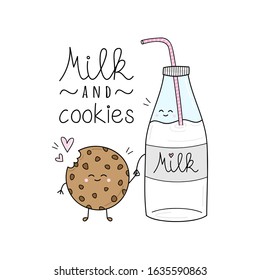 Milk and cookie vector illustration graphic. Hand drawn lovely Valentine's Day card. Milk and cookies handwriting. Isolated.