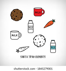 Milk, cookies, carrot for a Santa tray on Christmas Eve. Vector elements set on white background for Christmas designs.