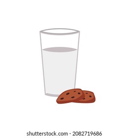 Milk and cookies - cartoon food meal isolated on white background. Glass of white dairy drink and chocolate chip baked biscuits, flat vector illustration.