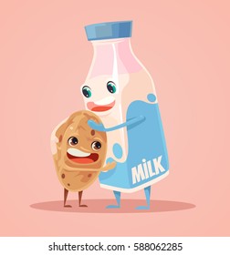 Milk and cookies characters best friends. Vector flat cartoon illustration