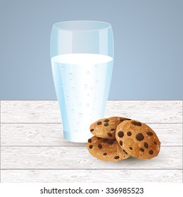 Milk and cookies illustration, chocolate chip