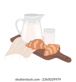 Milk and cookies. Jug of milk with croissants on the wooden tray. Morning breakfast concept. Cozy autumn days concept.