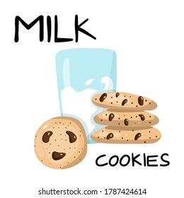 Milk and cookies with lettering. Glass of milk and american oatmeal cookies with chocolate and text. Food and drink for Santa Claus. Hand drawn doodle cartoon vector poster of products