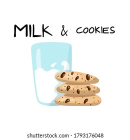 Milk and cookies with lettering. Glass of milk and american oatmeal cookies with chocolate and text. Food and drink for Santa Claus. Hand drawn doodle cartoon vector poster of products