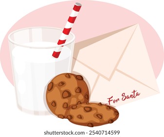 Milk and Cookies for Santa. Milk Glass and Chocolate Chip Cookies with a Letter to Santa. Cute Christmas Graphic 