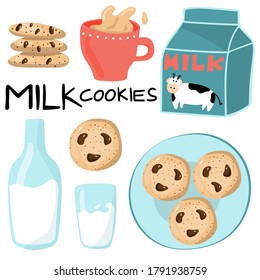 Milk and cookies set with lettering. Bottle, glass and carton of milk, american oatmeal cookies with chocolate and text. Hand drawn doodle cartoon vector collection of products
