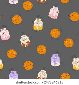 Milk and cookies sweets seamless pattern with funny mascot characters. Kawaii cartoon hand drawn doodle in colorful palette. Ideal for baby design, prints, packaging, textiles. Creative background