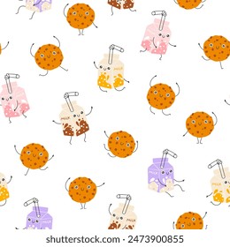 Milk and cookies sweets seamless pattern with funny mascot characters. Kawaii cartoon hand drawn doodle in colorful palette. Ideal for baby design, prints, packaging, textiles. Creative background