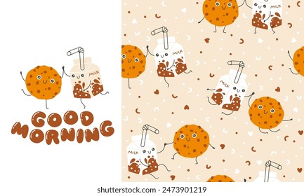 Milk and cookies sweets seamless pattern with funny mascot characters. Kawaii cartoon hand drawn doodle in colorful palette. Ideal for baby design, prints, packaging, textiles. Good morning