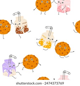 Milk and cookies sweets seamless pattern with funny mascot characters. Kawaii cartoon hand drawn doodle in colorful palette. Ideal for baby design, prints, packaging, textiles. Creative background