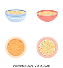 Milk cornflake icons set cartoon vector. Bowl of breakfast cereal and cornflake. Food concept