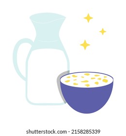 Milk with cornflakes bowl classical breakfast flat vector illustration