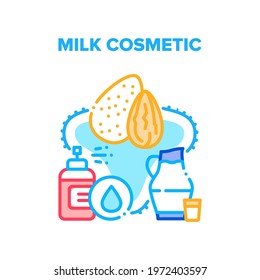 Milk Cosmetic Vector Icon Concept. Almond Nut Natural Milk Cosmetic, Moisturizing Liquid Bottle Spray And Dairy Beauty Liquid. Eco Product For Protection And Care Skin Color Illustration