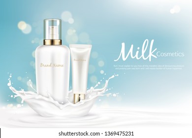 Milk cosmetics bottles mockup with space for name brand stand at milky splash on light blue blurred vector background. White cosmetic product tubes packaging design. Realistic 3d illustration, banner
