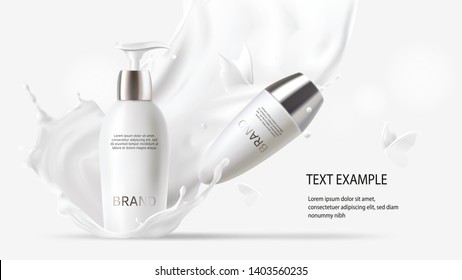 Milk cosmetics, realistic vector background with lotion and roll-on deodorant. Skin care in white bottles with silver caps in milk splash, crown with flying butterflies Mock-up cosmetic promo poster