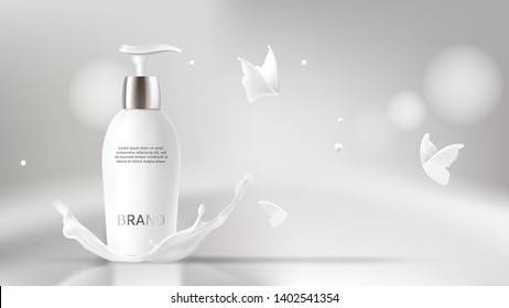 Milk cosmetics realistic vector blurred background. Skin care cosmetic product, body lotion in white bottle with silver dispenser in milk splash, crown with flying butterflies Mock-up promo poster