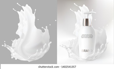 Milk cosmetics realistic vector blurred background. Skin care cosmetic product, body lotion in white bottle with silver dispenser and milk splash, crown isolated on gray. Mock-up promo poster