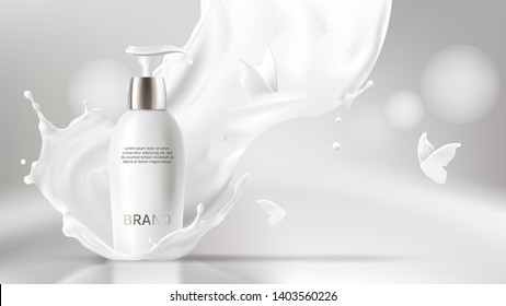 Milk cosmetics realistic vector blurred background. Skin care cosmetic product, body lotion in white bottle with silver dispenser in milk splash, crown with flying butterflies Mock-up promo poster - Shutterstock ID 1403560226