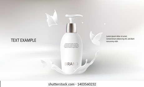 Milk cosmetics realistic vector blurred background. Skin care cosmetic product, body lotion in white bottle with silver dispenser in milk splash, crown with flying butterflies Mock-up promo poster