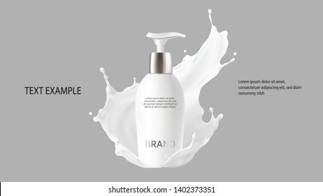 Milk cosmetics realistic vector. Skin care cosmetic product, body lotion in white bottle with silver dispenser and milk splash, crown isolated on gray background. Mock-up promo poster