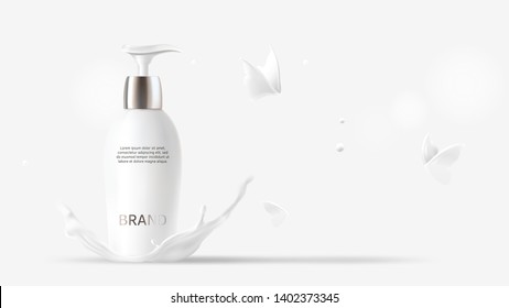 Milk cosmetics realistic vector white background. Skin care cosmetic product, body lotion in white bottle with silver dispenser in milk splash, crown with flying butterflies Mock-up promo poster