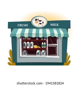 Milk counter showcase, local grocery store. Vector icons and illustrations on white background.