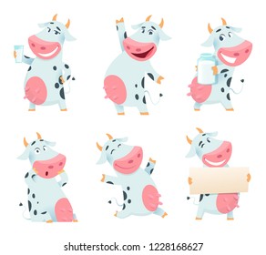 Milk cow animal. Cartoon farm character eating and posing cows mascots isolated