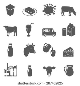 Milk cow and dairy products black icons set with sour cream and butter abstract isolated vector illustration