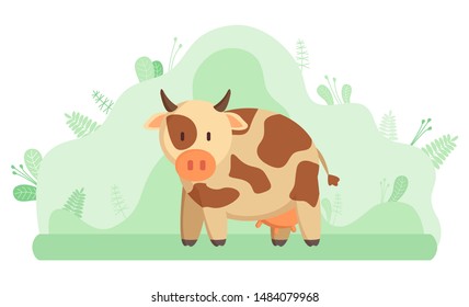 Milk cow, farming and livestock animal or cattle. Domestic mammal with horns and hoofs, breeding and agriculture, meat and dairy product, ranch. Vector illustration in flat cartoon style