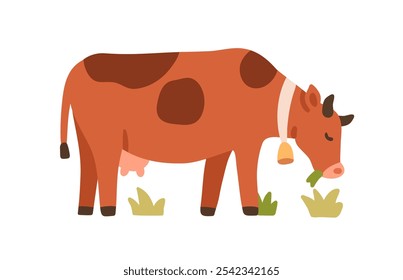 Vacas leiteiras em pastagem rural. Animais leiteiros de fazenda bonitos com sino de pescoço que se alimentam no campo rural. Comendo grama, cena agrícola. Ilustração de vetor plano isolada no plano de fundo branco