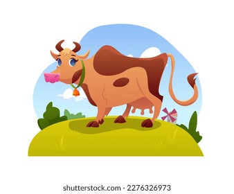 Milk Cow Grazing in the Meadow. Farm Animal Feeding on Organic Grassland. Vector Illustration in Cartoon Style.