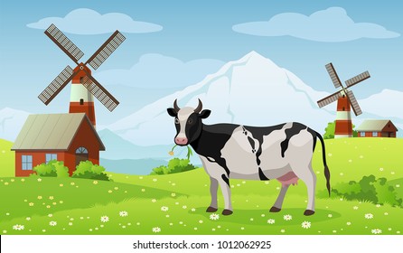 Vaca lechera pastoreando en el prado ilustrado vectorial, vaca en pastos, paisaje agrícola de fondo.