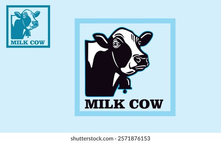 milk cow head logo, silhouette f great dairy milk cattle face in rectangle vector illustrations