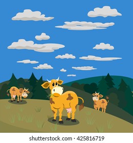 Milk cow. Holstein Jersey cows herd on meadow. Dairy natural product Concept. World milky day. Agricultural farm symbol. Farming domestic animals graphic. Vector  advertisement banner background. 