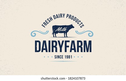 Milk, Cow Logo. Dairy Farm Trendy Logo, Emblem, Poster With Cow Silhouette. Vintage Typography. Graphic Emblem Template For Grocery Store, Food Market, Restaurant. Vector Illustration