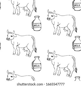Milk and cow seamless pattern with flat line icons. Vector background, illustrations 