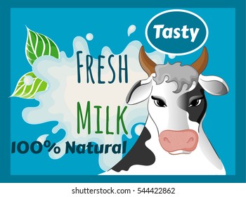Milk of Cow with Spots, Natural 100% Percent, Fresh, Tasty, Splash and Blot Design, Yogurt or Cream Logo, Icon, Splashes, Agriculture Store, Packaging and Advertising, Vector Illustration EPS 10