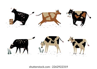 Milk Cow with Udder and Bell Grazing on Pasture as Dairy Cattle Breeding and Farming Vector Set