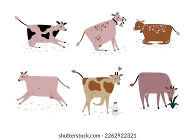 Milk Cow with Udder and Bell Grazing on Pasture as Dairy Cattle Breeding and Farming Vector Set