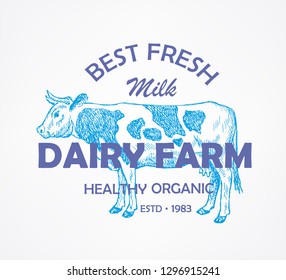 Milk, Cow. Vector Sign, Symbol, Emblem or Logo template for Dairy and Meat business. Vintage design with hand drawn sketch. Line art style.