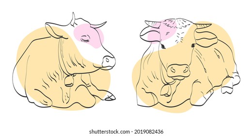 Vacas lecheras en ilustración vectorial. Aislado sobre fondo blanco. La mano se ahogó. Agricultura, ganado, leche. Animales domésticos, Hoofed, toro. paisaje, naturaleza, montañas europeas. Arte de línea, fondo colorido. 