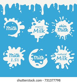 Milk and cream emblems and dairy labels with blots and splashes drops on blue background. Vector logo stains.