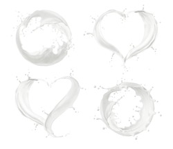 Milk Or Cream Splash, Circle And Heart Wave Flow With Realistic White Drops. Vector 3d Dairy Food Or Drink Swirls With Milky Or Creamy Smooth Texture. Pouring Milk Heart And Circle Frames Set