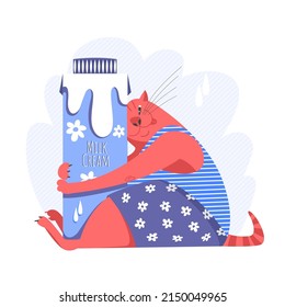 milk cream. vector image of a cat and a bag of cream. funny illustration