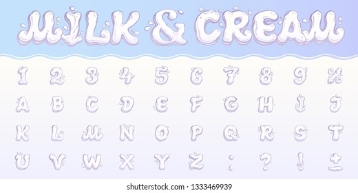 Milk and cream. Vector logo. Set of English numbers, characters, punctuation marks and percent sign. White liquid font with a splashes and drops. Original cartoon alphabet for dairy dessert designs